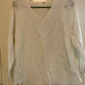 White large v neck top with decorative sleeves and bottom